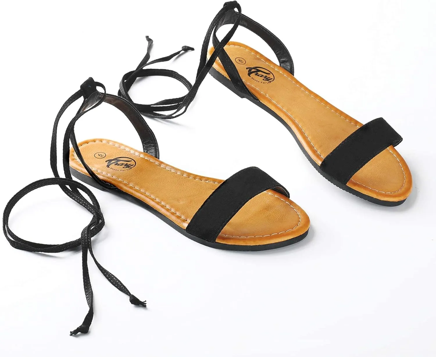 Trary Women's Lace Up Open Toe Strappy Sandals, Ankle Wrap Flat Dressy Tie Up Summer Footwear