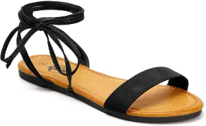 Trary Women's Lace Up Open Toe Strappy Sandals, Ankle Wrap Flat Dressy Tie Up Summer Footwear