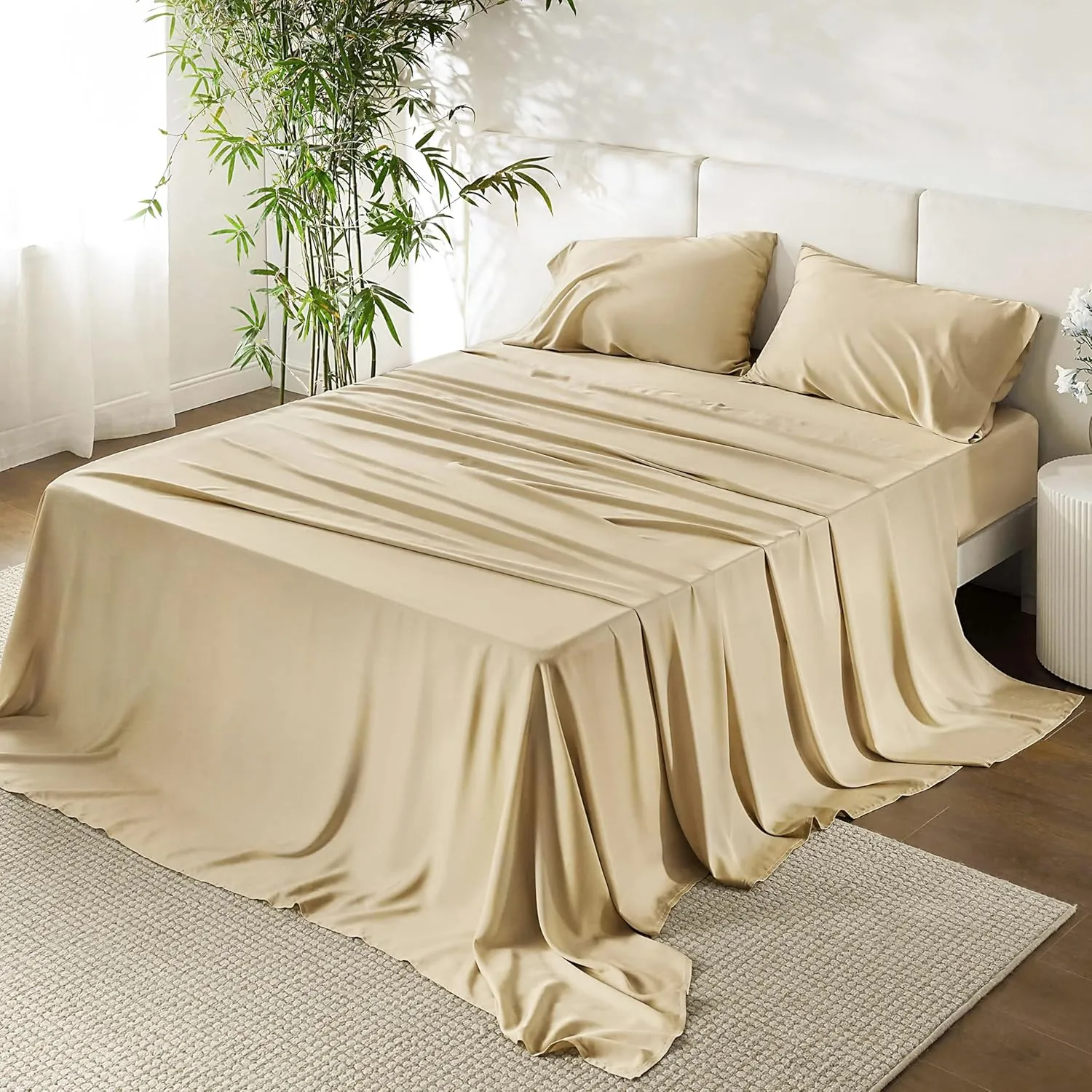 URBANHUT 100% Egyptian Cotton Sheets - 1000 Thread Count Twin Sheet Set (3Pc), Long Staple Cotton Sheets, All Season Sateen Weave, Luxury Hotel Twin Bedsheets,16" Deep Pocket - Sand(Beige)