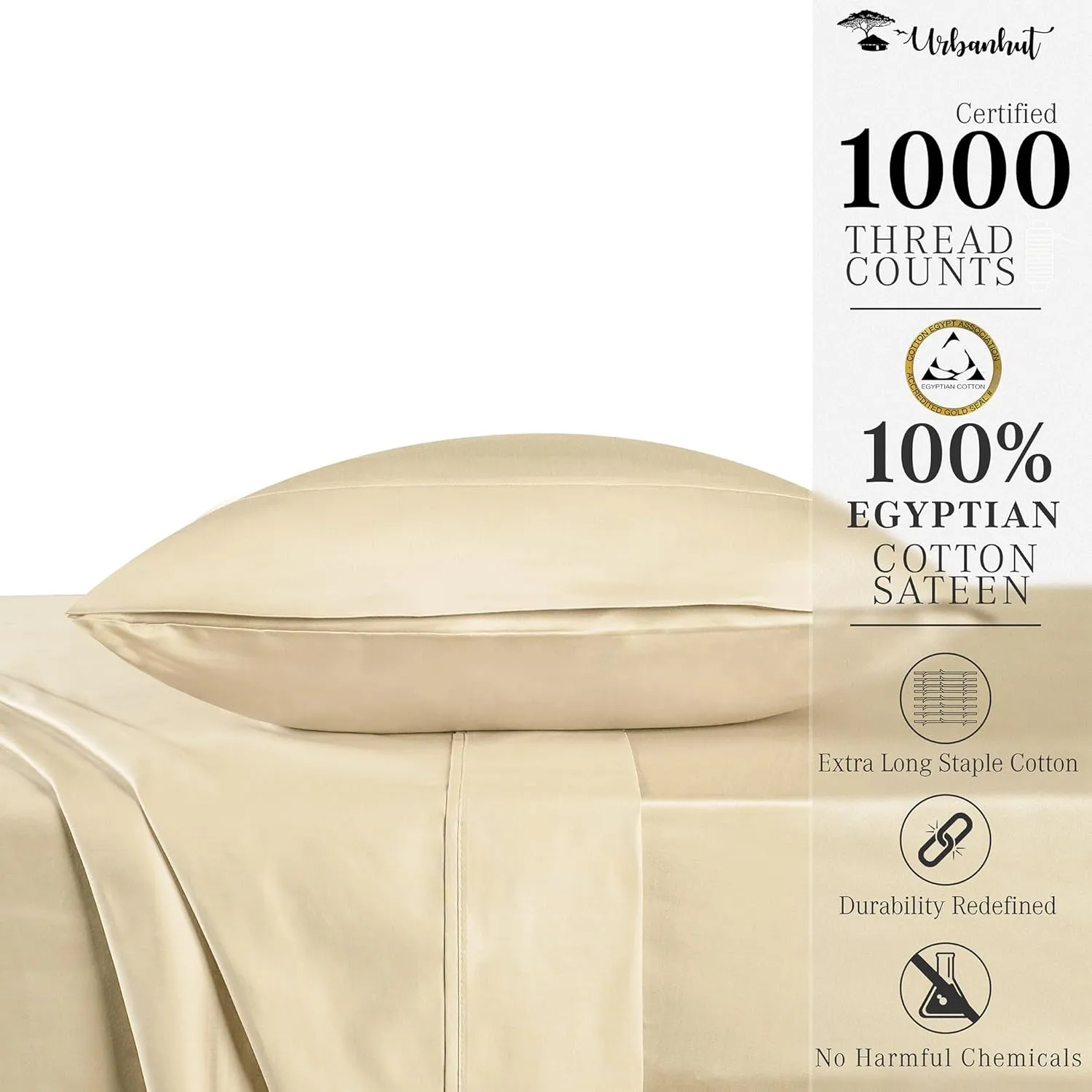 URBANHUT 100% Egyptian Cotton Sheets - 1000 Thread Count Twin Sheet Set (3Pc), Long Staple Cotton Sheets, All Season Sateen Weave, Luxury Hotel Twin Bedsheets,16" Deep Pocket - Sand(Beige)