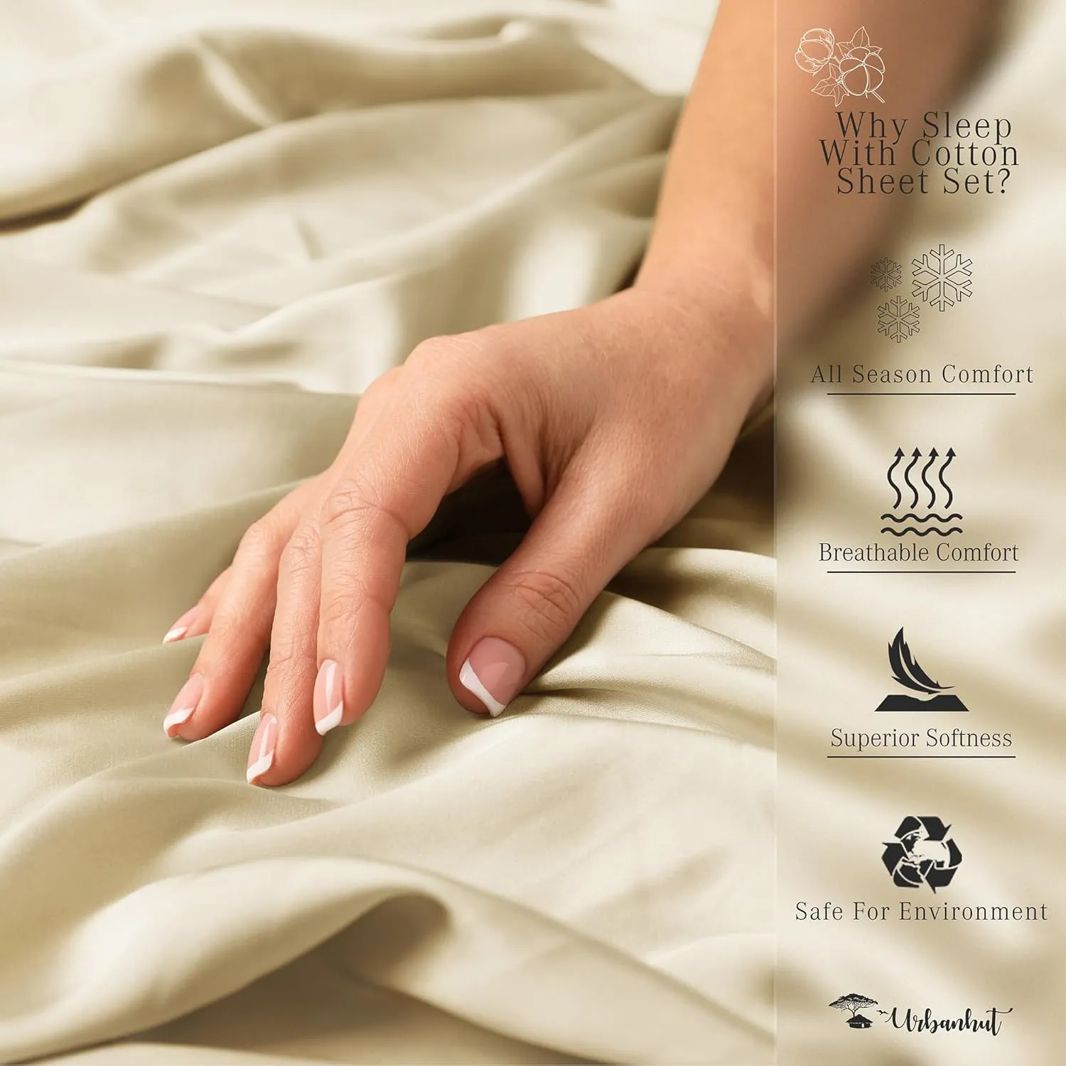 URBANHUT 100% Egyptian Cotton Sheets - 1000 Thread Count Twin Sheet Set (3Pc), Long Staple Cotton Sheets, All Season Sateen Weave, Luxury Hotel Twin Bedsheets,16" Deep Pocket - Sand(Beige)