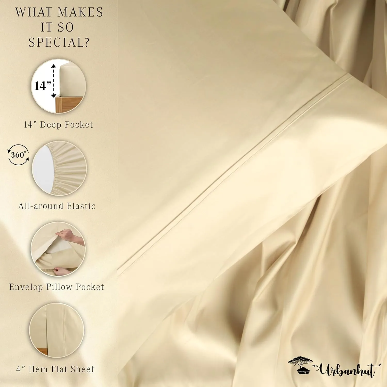 URBANHUT 100% Egyptian Cotton Sheets - 1000 Thread Count Twin Sheet Set (3Pc), Long Staple Cotton Sheets, All Season Sateen Weave, Luxury Hotel Twin Bedsheets,16" Deep Pocket - Sand(Beige)