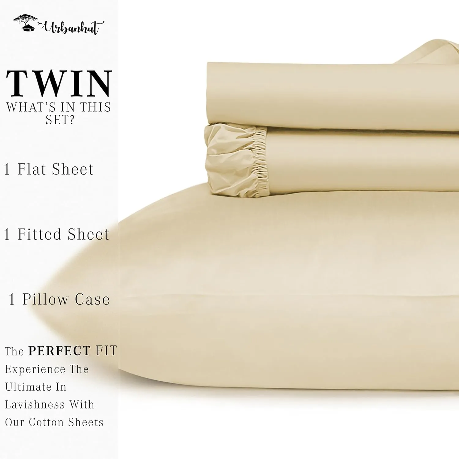 URBANHUT 100% Egyptian Cotton Sheets - 1000 Thread Count Twin Sheet Set (3Pc), Long Staple Cotton Sheets, All Season Sateen Weave, Luxury Hotel Twin Bedsheets,16" Deep Pocket - Sand(Beige)