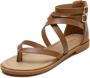 URLECHS Women's Thong Crossover Strap Gladiator Sandals,Adjustable Ankle Buckle Casual Open Toe Flat Sandals Fashion Back Zipper Non-Slip Roman Sandals