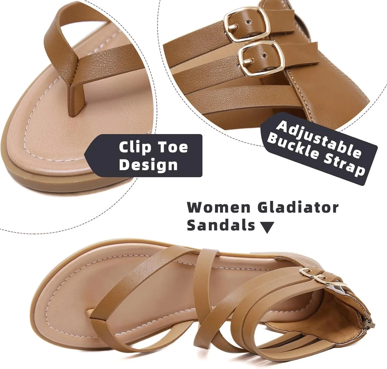 URLECHS Women's Thong Crossover Strap Gladiator Sandals,Adjustable Ankle Buckle Casual Open Toe Flat Sandals Fashion Back Zipper Non-Slip Roman Sandals