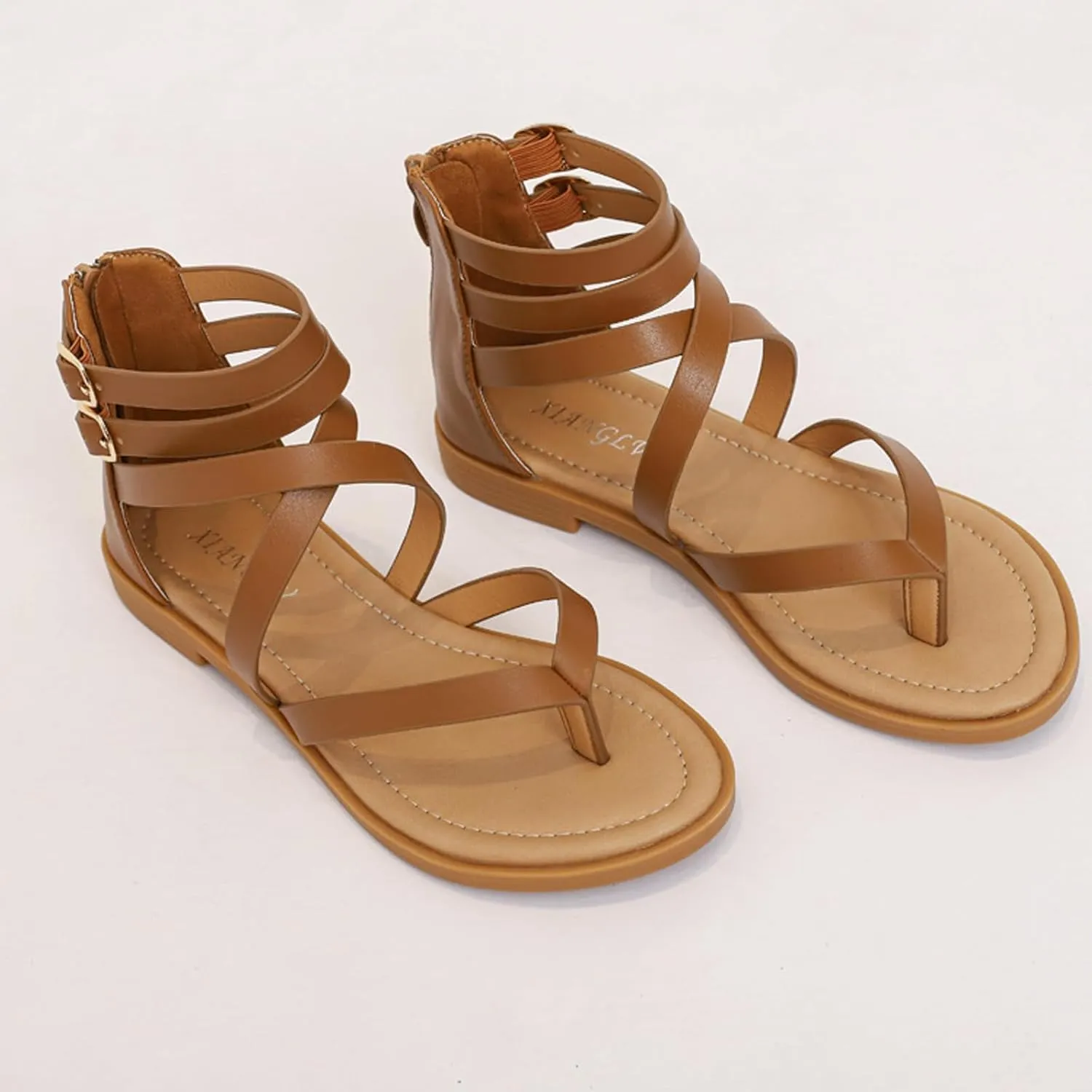 URLECHS Women's Thong Crossover Strap Gladiator Sandals,Adjustable Ankle Buckle Casual Open Toe Flat Sandals Fashion Back Zipper Non-Slip Roman Sandals