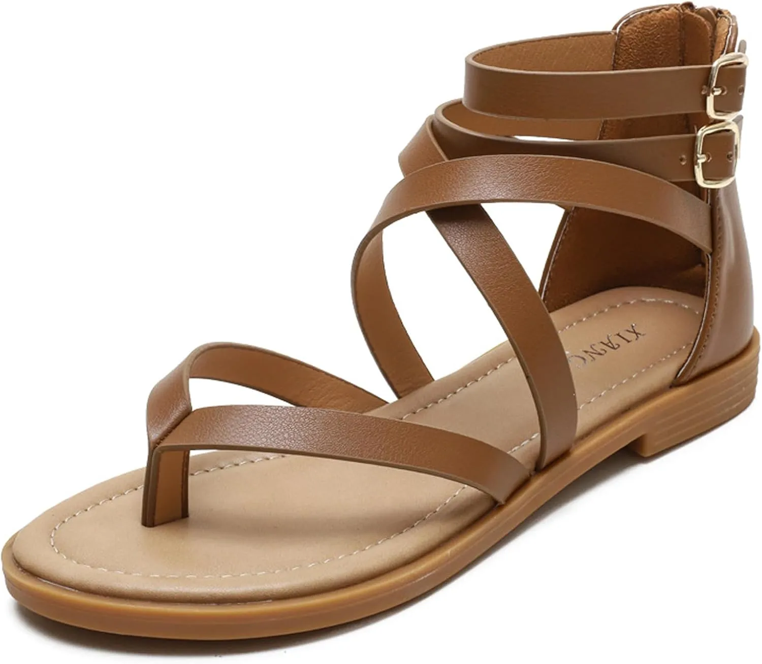 URLECHS Women's Thong Crossover Strap Gladiator Sandals,Adjustable Ankle Buckle Casual Open Toe Flat Sandals Fashion Back Zipper Non-Slip Roman Sandals