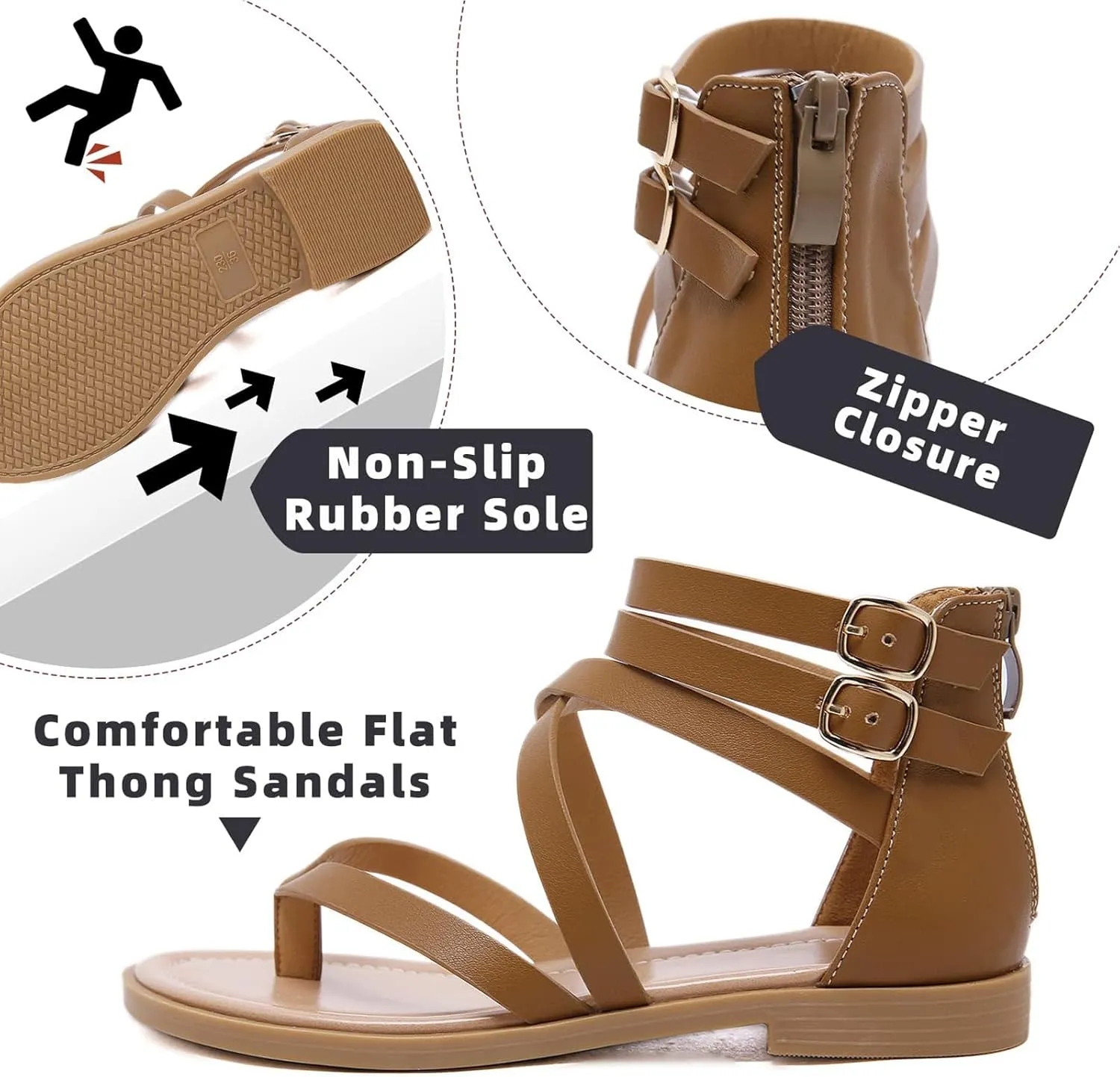 URLECHS Women's Thong Crossover Strap Gladiator Sandals,Adjustable Ankle Buckle Casual Open Toe Flat Sandals Fashion Back Zipper Non-Slip Roman Sandals