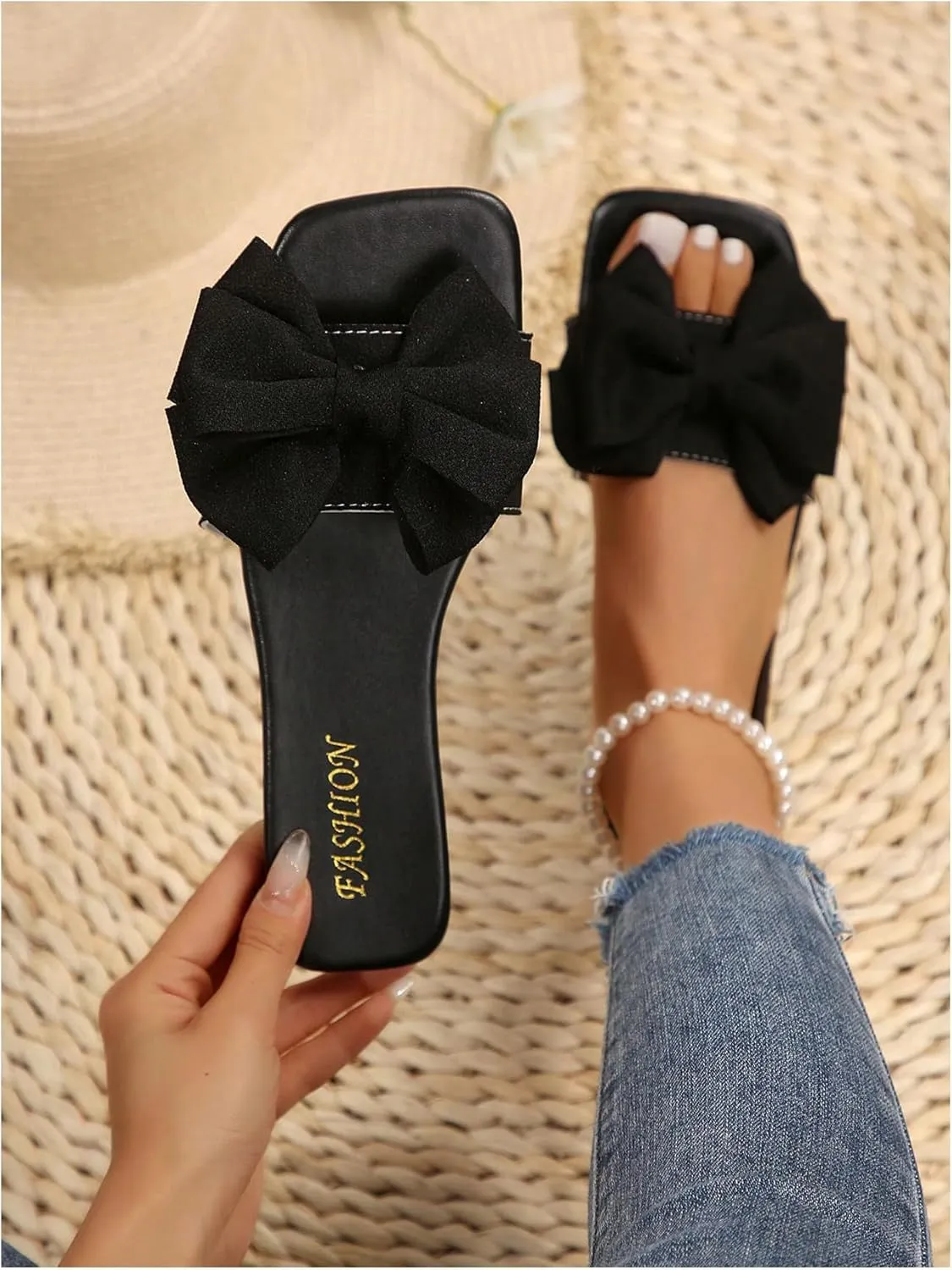 Verdusa Women's Bow Square Toe Flat Sandals Summer Slides Slip On Sandals