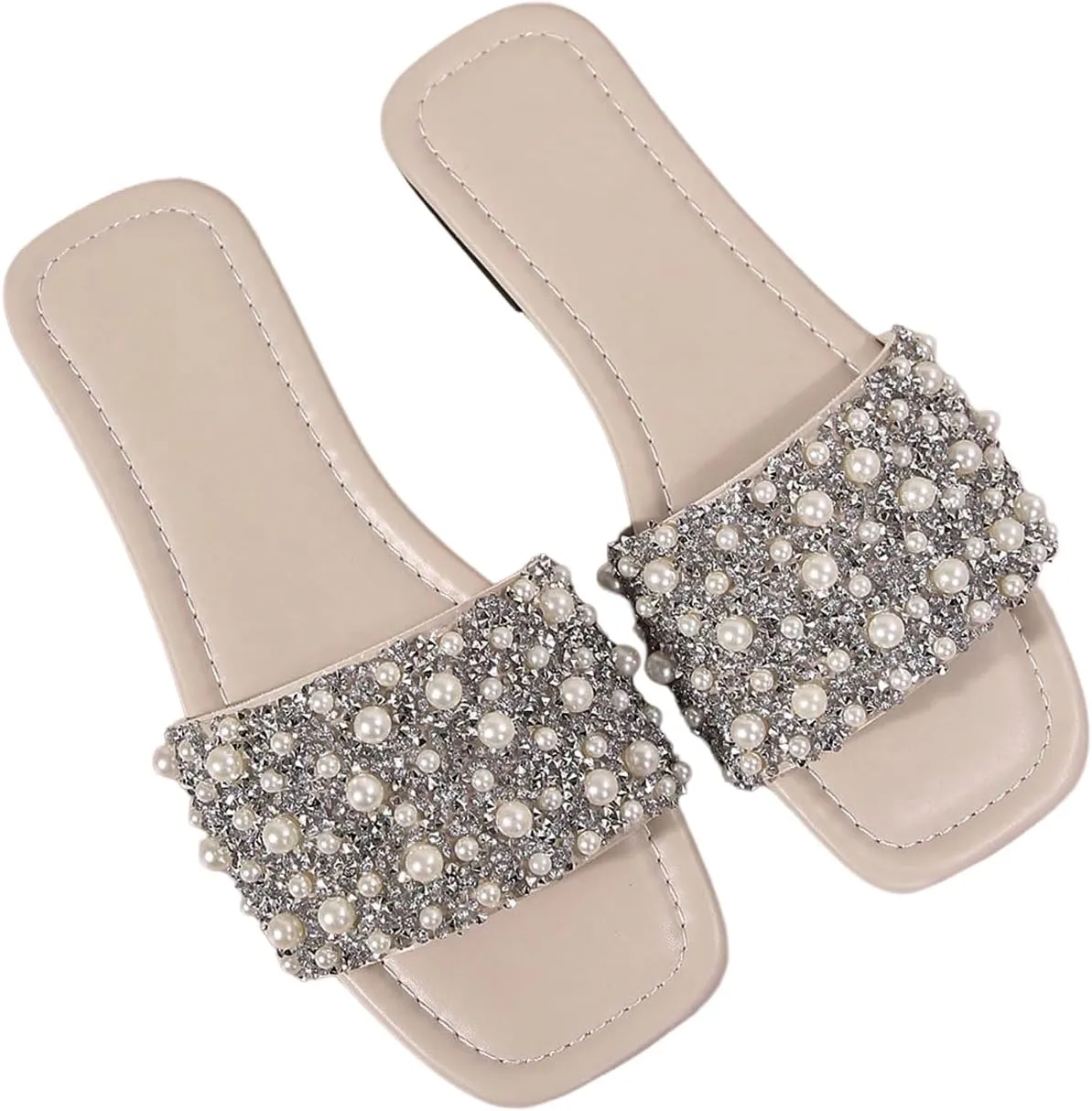 Verdusa Women's Faux Pearl Rhinestone Flat Sandals Sparkly Low Heeled PU Slippers