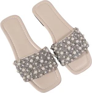 Verdusa Women's Faux Pearl Rhinestone Flat Sandals Sparkly Low Heeled PU Slippers