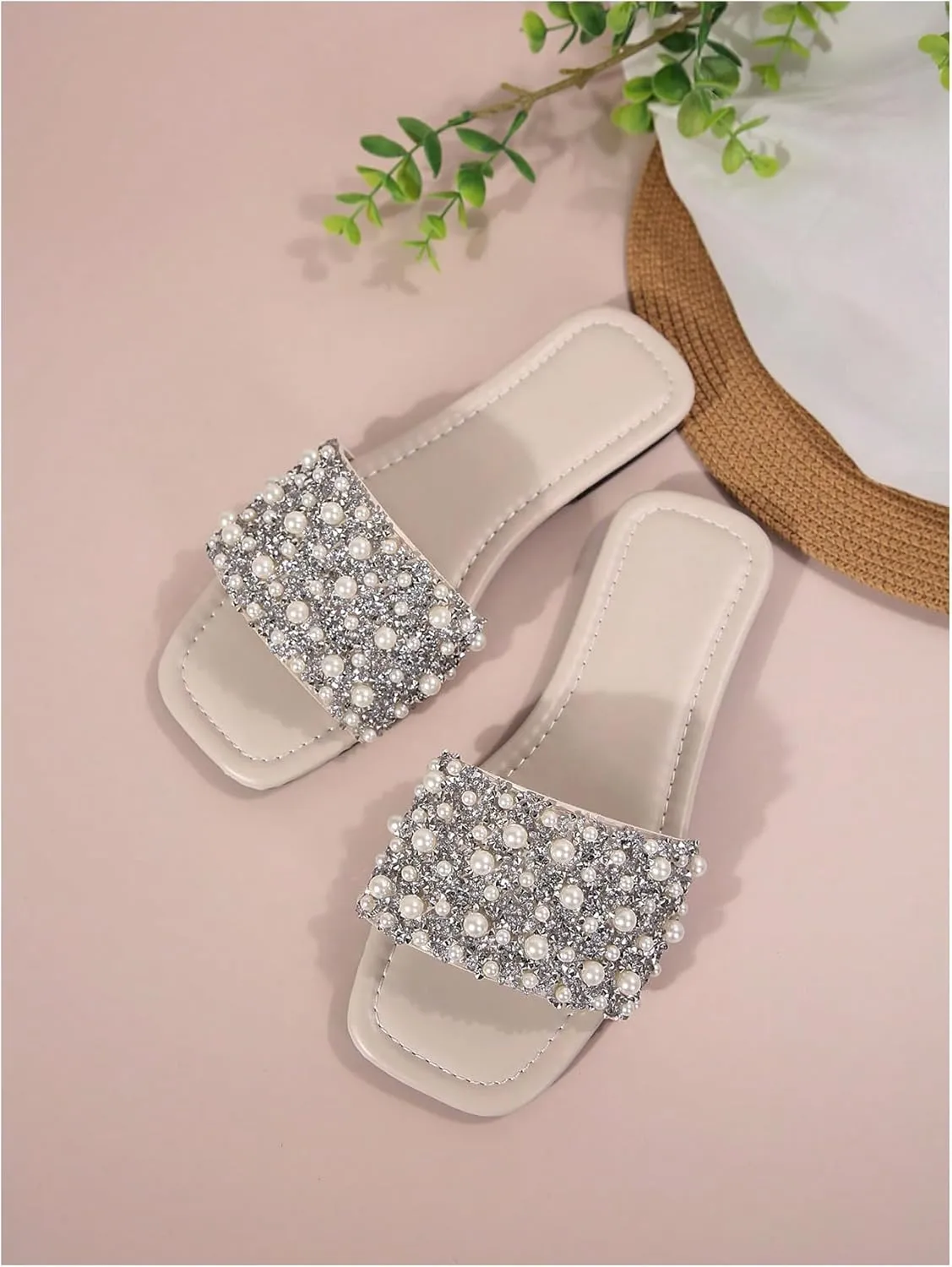 Verdusa Women's Faux Pearl Rhinestone Flat Sandals Sparkly Low Heeled PU Slippers