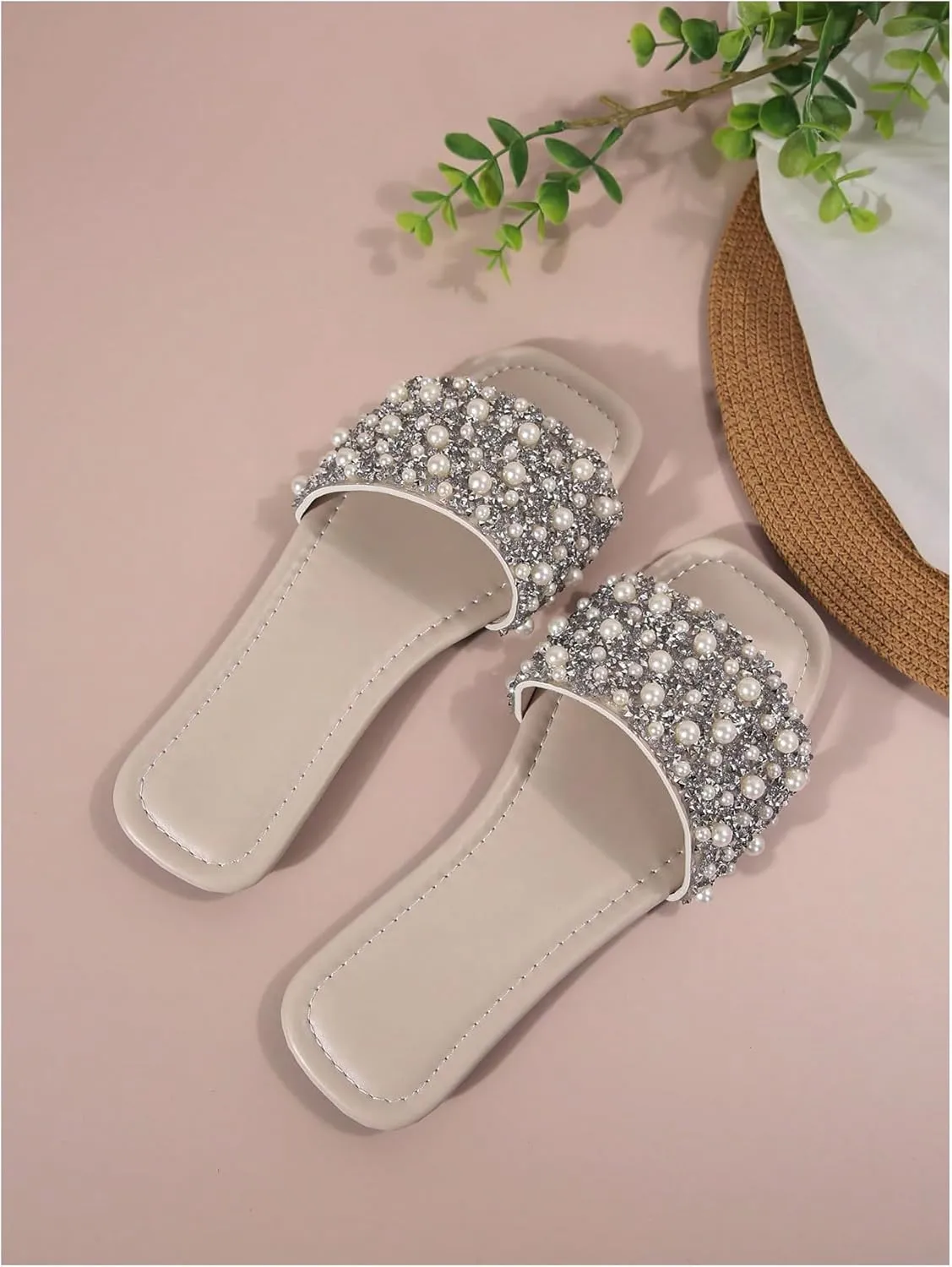 Verdusa Women's Faux Pearl Rhinestone Flat Sandals Sparkly Low Heeled PU Slippers