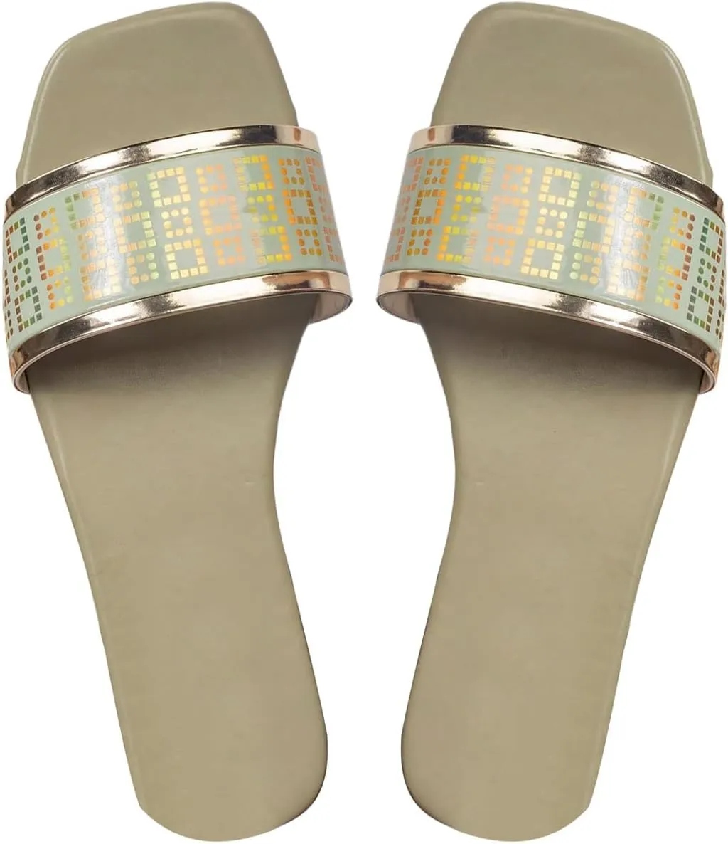 Verdusa Women's Metallic Colorblock Flat Sandals Square Open Toe Slip on Slides