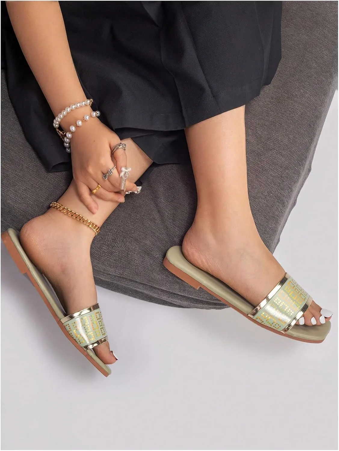 Verdusa Women's Metallic Colorblock Flat Sandals Square Open Toe Slip on Slides