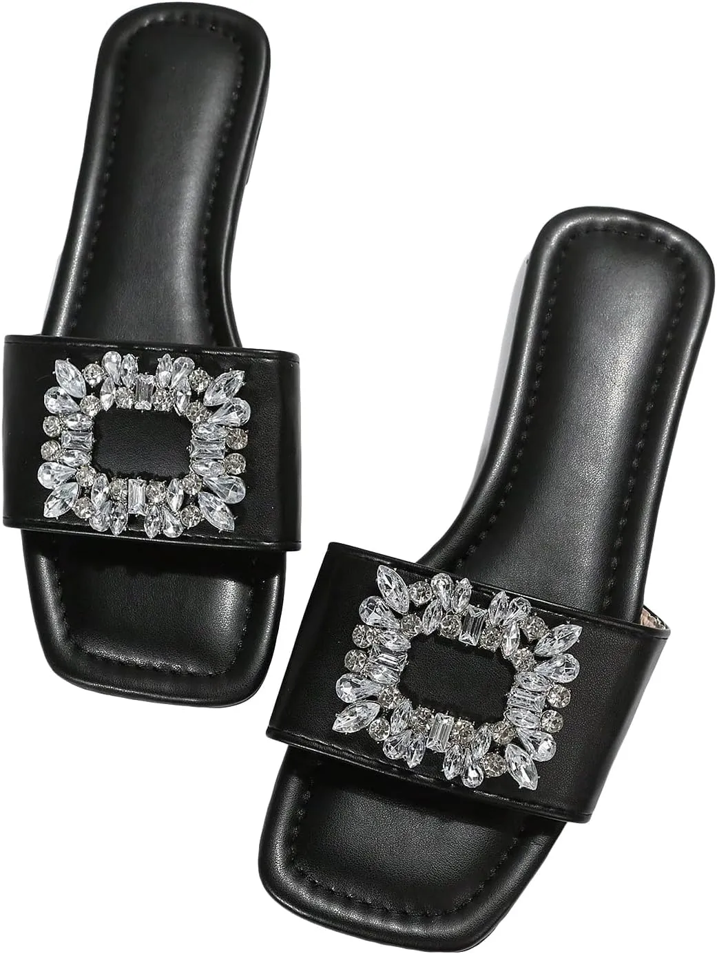 Verdusa Women's Rhinestone Sparkly Flat Sandal Square Open Toe Slide Sandals