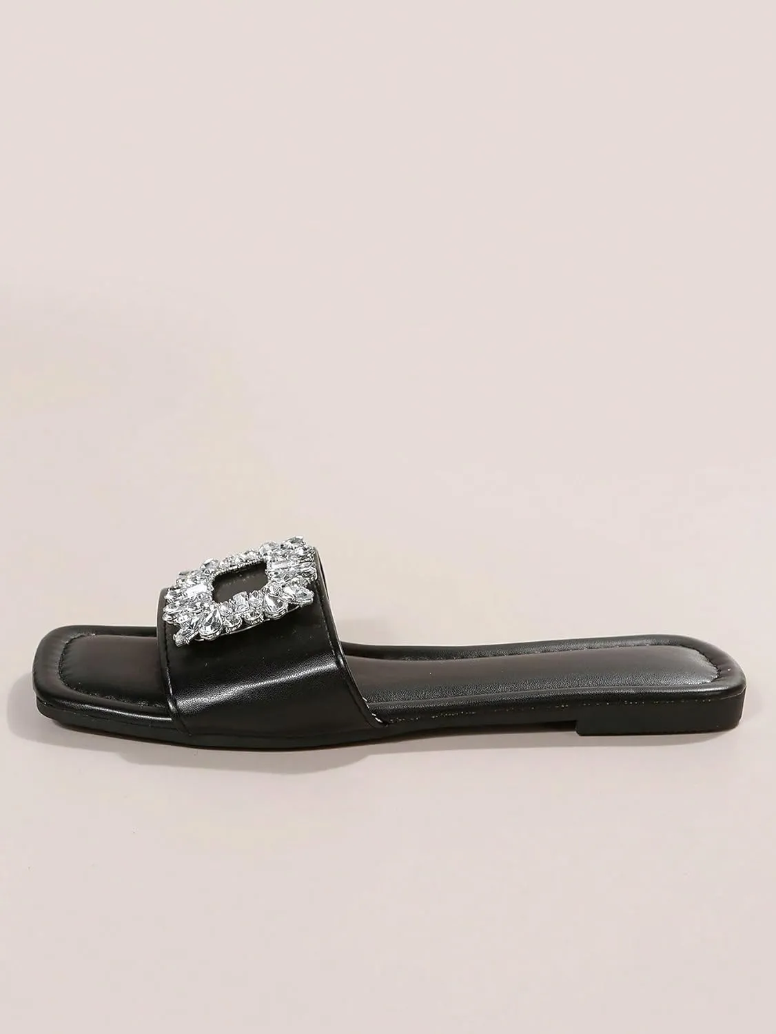Verdusa Women's Rhinestone Sparkly Flat Sandal Square Open Toe Slide Sandals