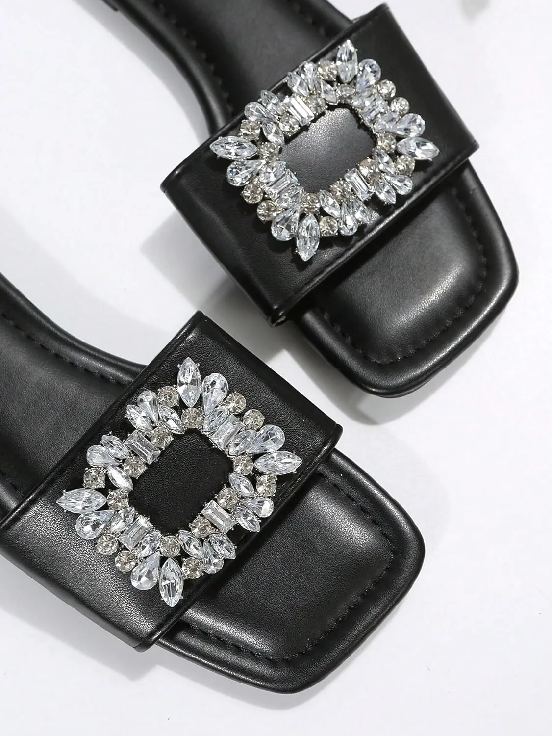 Verdusa Women's Rhinestone Sparkly Flat Sandal Square Open Toe Slide Sandals