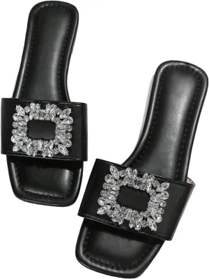 Verdusa Women's Rhinestone Sparkly Flat Sandal Square Open Toe Slide Sandals