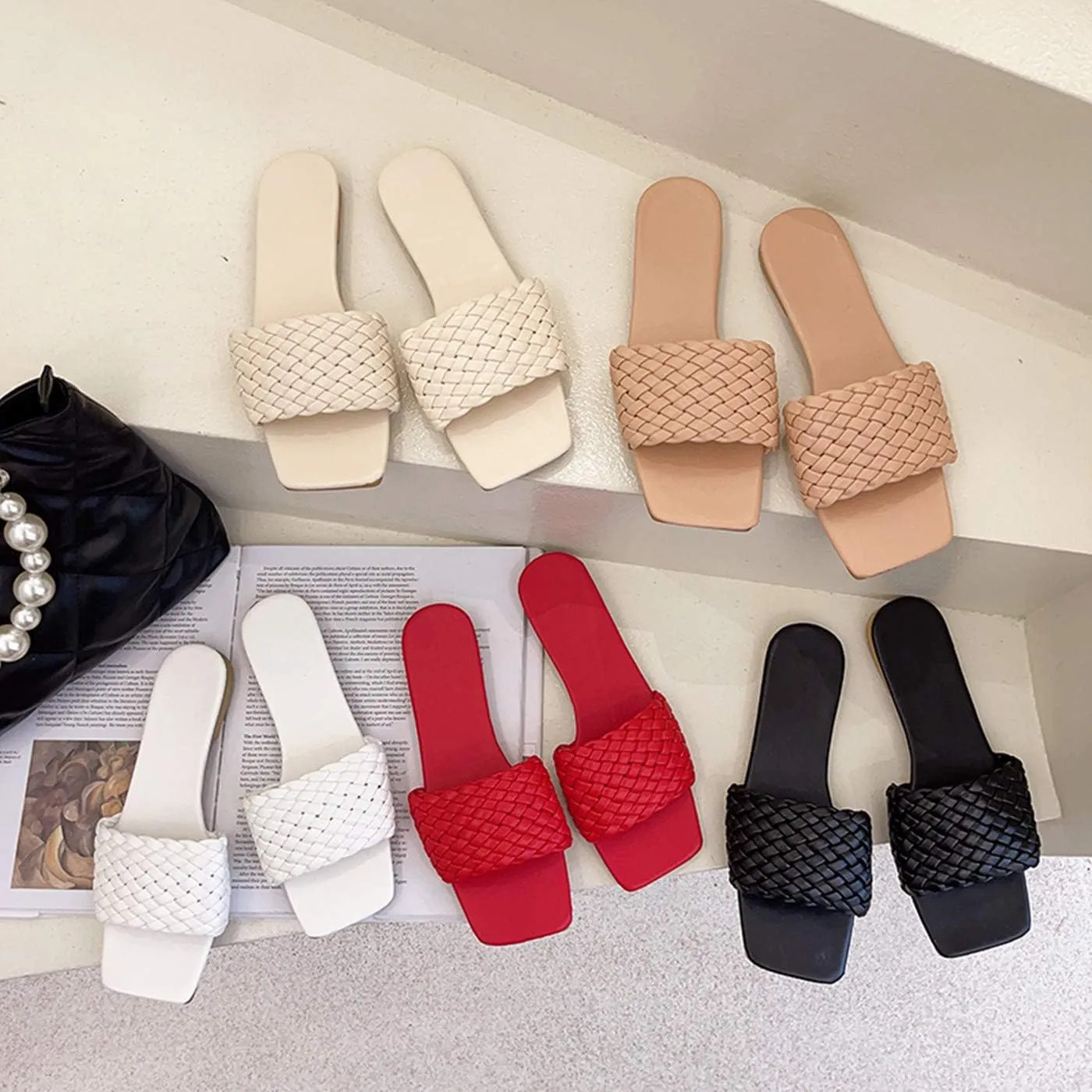 Vertundy Slides For Women Sandals Braided Strap Open Square Toe Flat Slippers Slip On Single Casual Shoes Summer