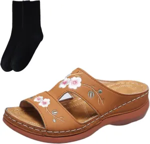 Vintage Embroidered Women's & Slides Open Toe Non Slip On Platform Wedge Sliders, Orthopedic Sandals Women Arch Support