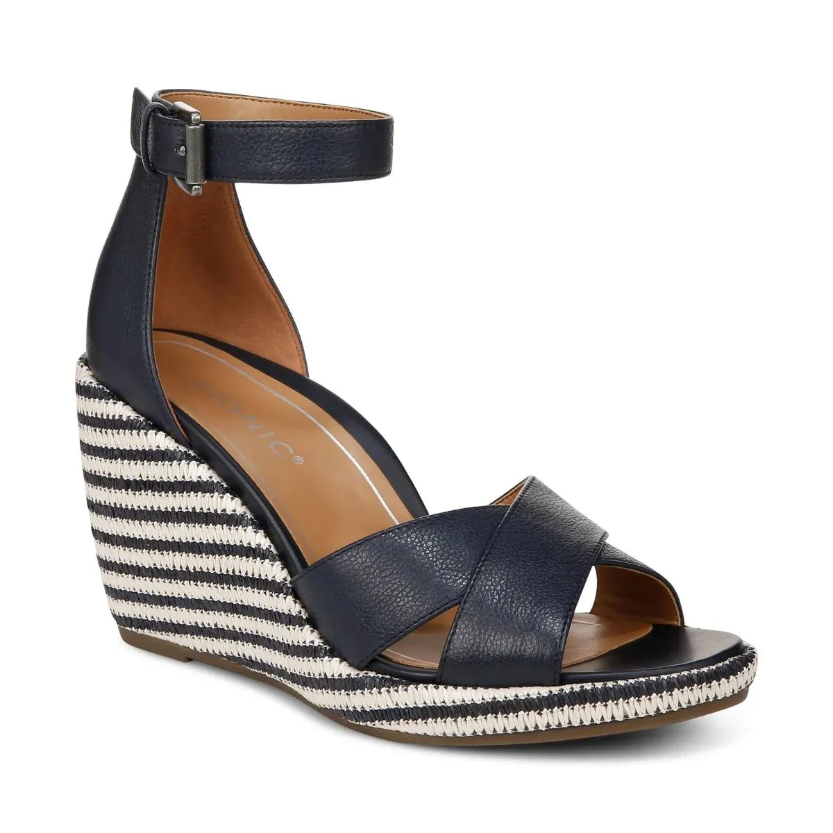 VIONIC MARINA NAVY LEATHER WEDGE SANDAL