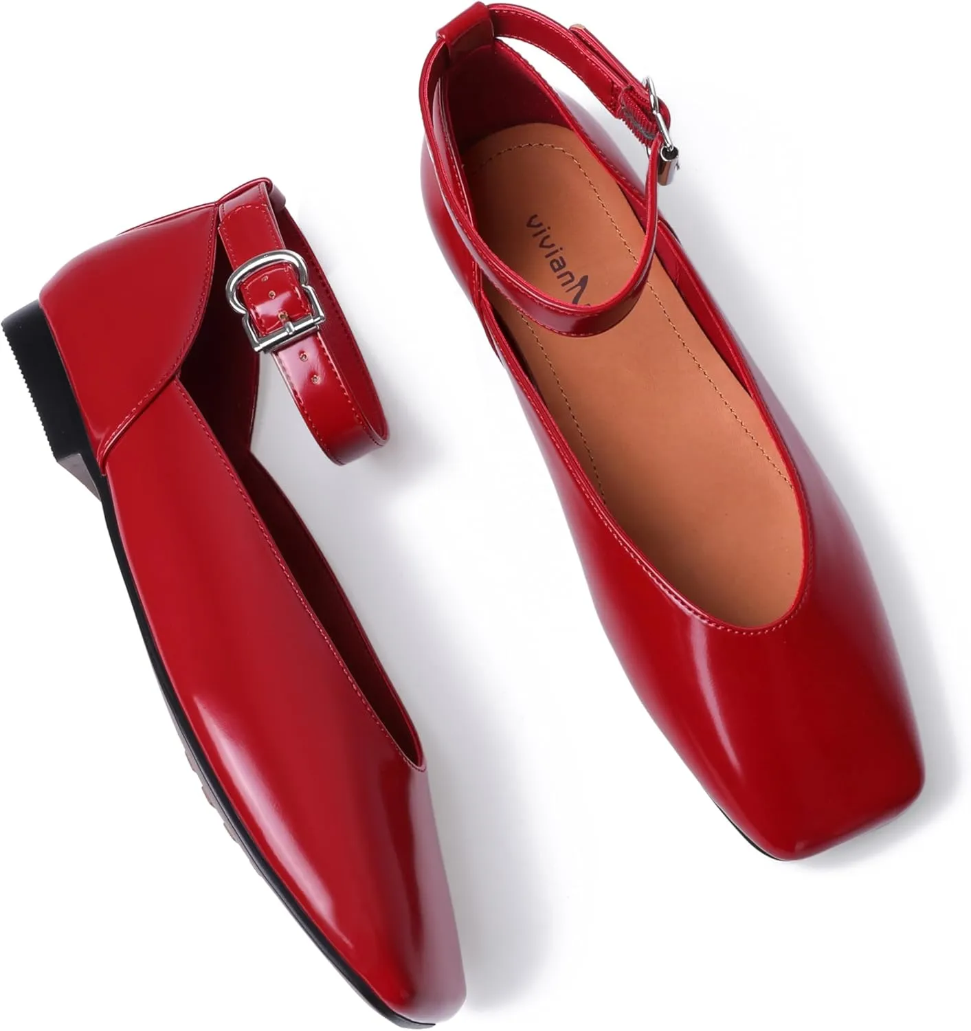 vivianly Mary Jane Shoes for Women Ballet Flats Shoes Buckle Ankle Strap Square Toe Flat Leather Party Dating Flats