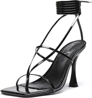 vivianly Women's Strappy Lace Up Thong Heels Sandals Square Open Toe Stiletto High Heel Wedding Dress Shoes
