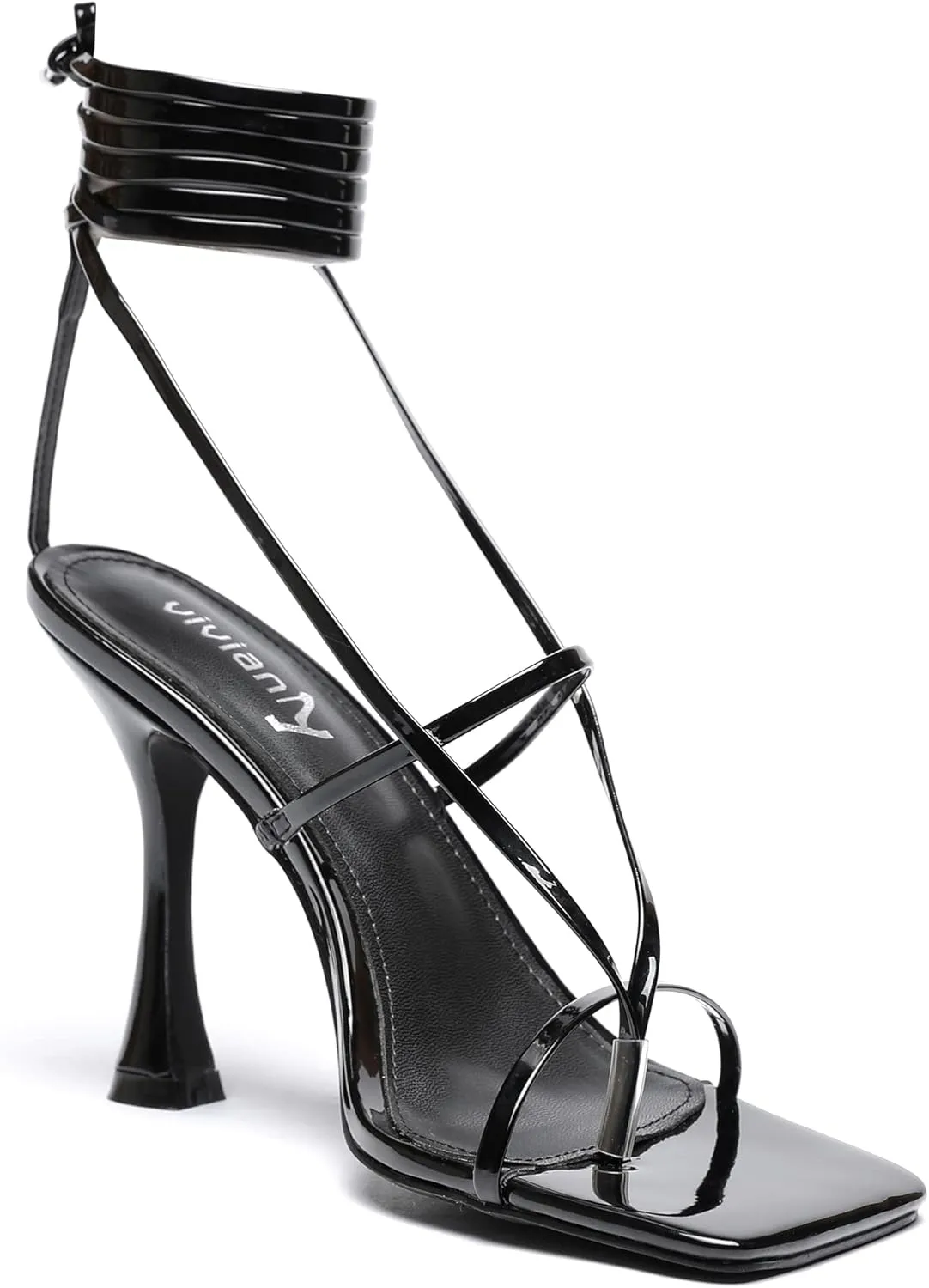 vivianly Women's Strappy Lace Up Thong Heels Sandals Square Open Toe Stiletto High Heel Wedding Dress Shoes