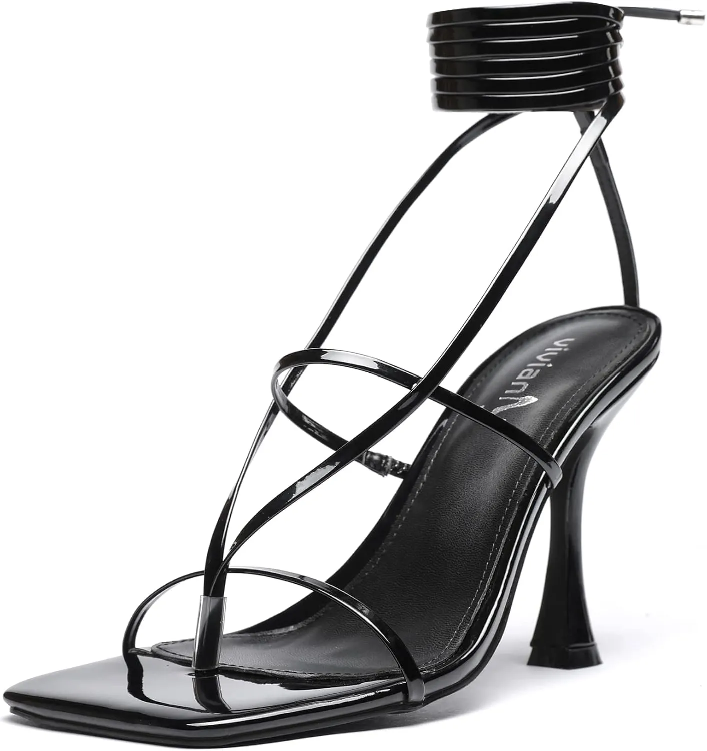vivianly Women's Strappy Lace Up Thong Heels Sandals Square Open Toe Stiletto High Heel Wedding Dress Shoes