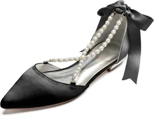 Wedding Shoes Flats for Bride Satin Pearls Straps Women Dress Shoes for Special Occasions