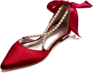 Wedding Shoes Flats for Bride Satin Pearls Straps Women Dress Shoes for Special Occasions