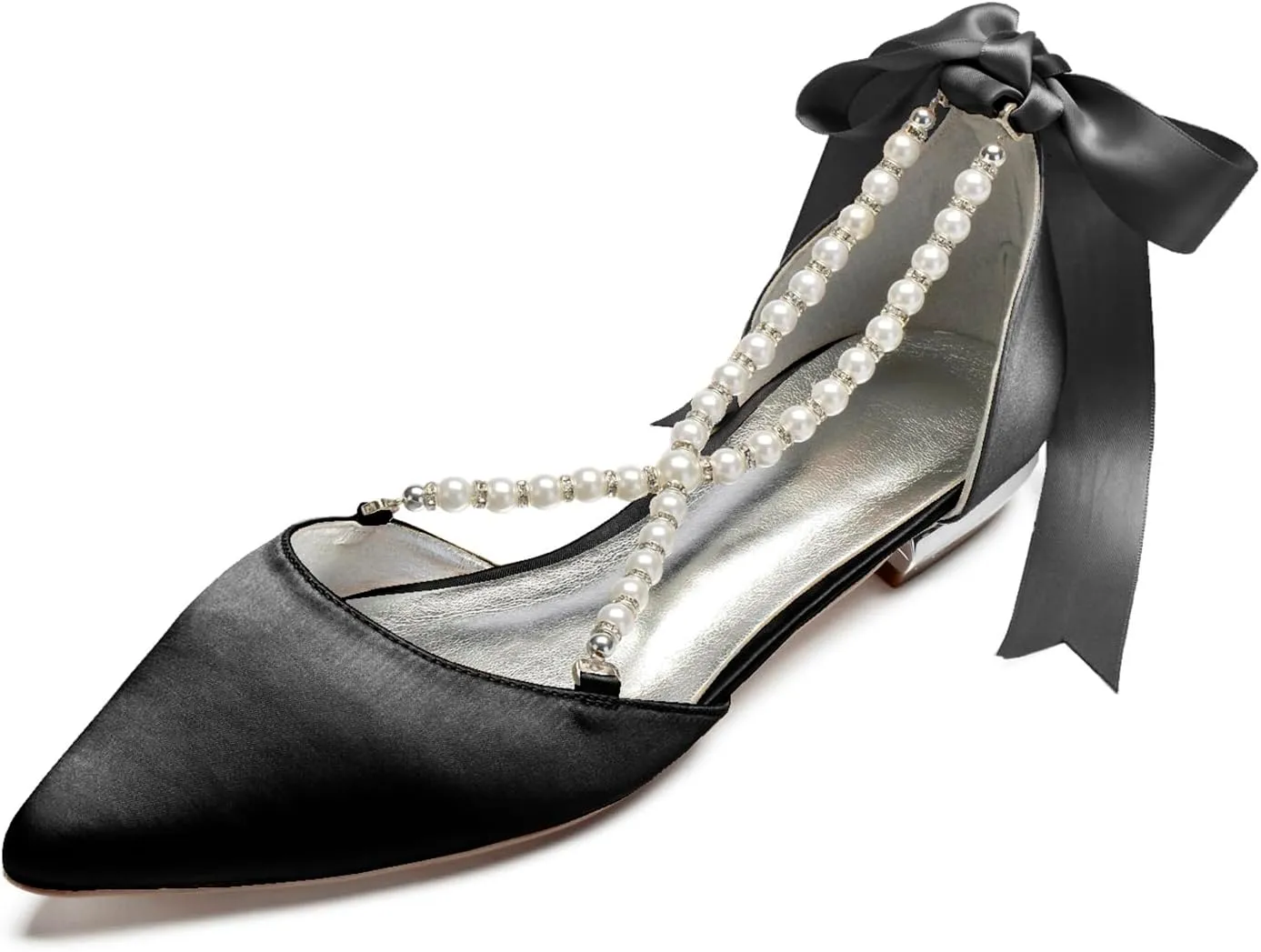 Wedding Shoes Flats for Bride Satin Pearls Straps Women Dress Shoes for Special Occasions