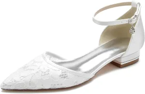 Wedding Shoes for Bride Flat Women Closed Toe Buckle Lace Wedding Bridal Court Shoes