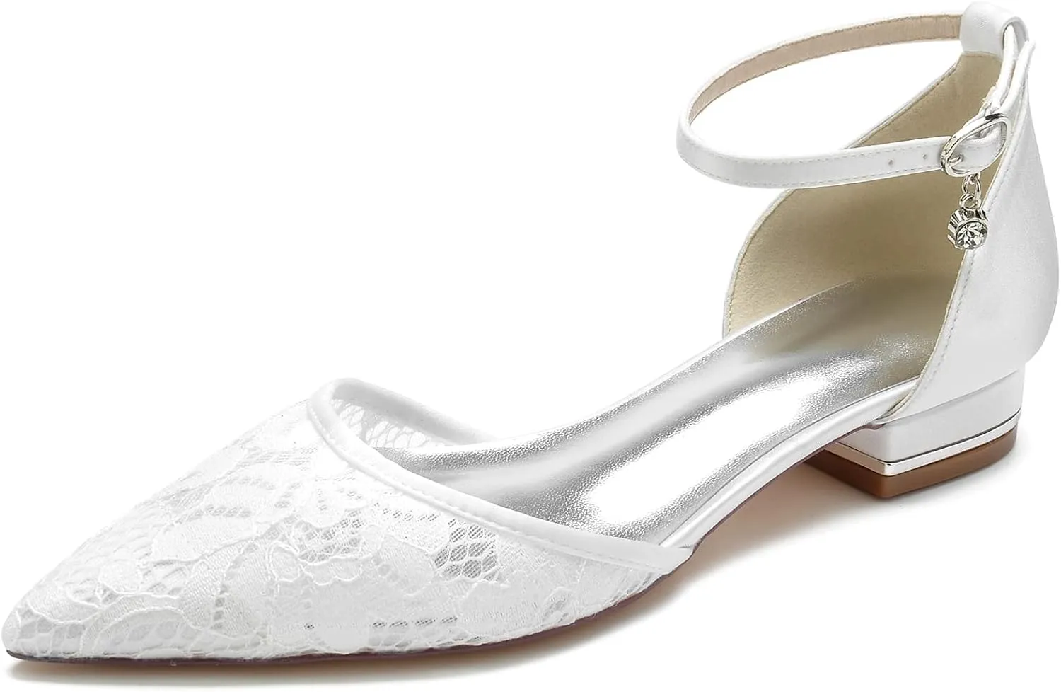 Wedding Shoes for Bride Flat Women Closed Toe Buckle Lace Wedding Bridal Court Shoes