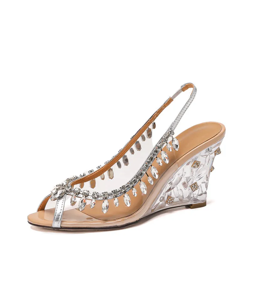 Wedge Cowhide Heels Leather Sequins Splicing Apricot Stylish