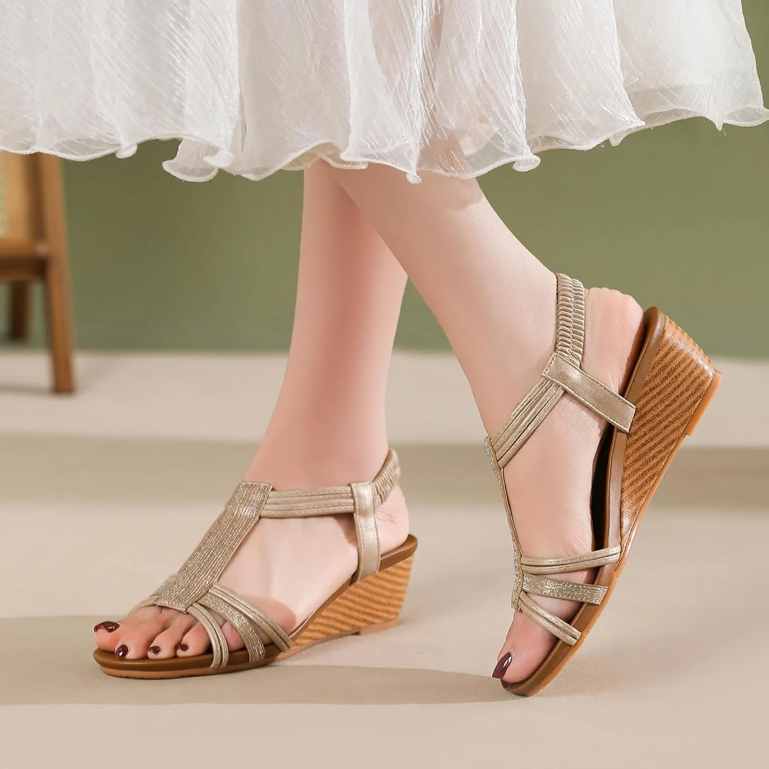 Wedge Sandals for Women Dressy - Comfortable Elastic Ankle Strap Wedges Sandals Open Toe Casual Summer Shoes