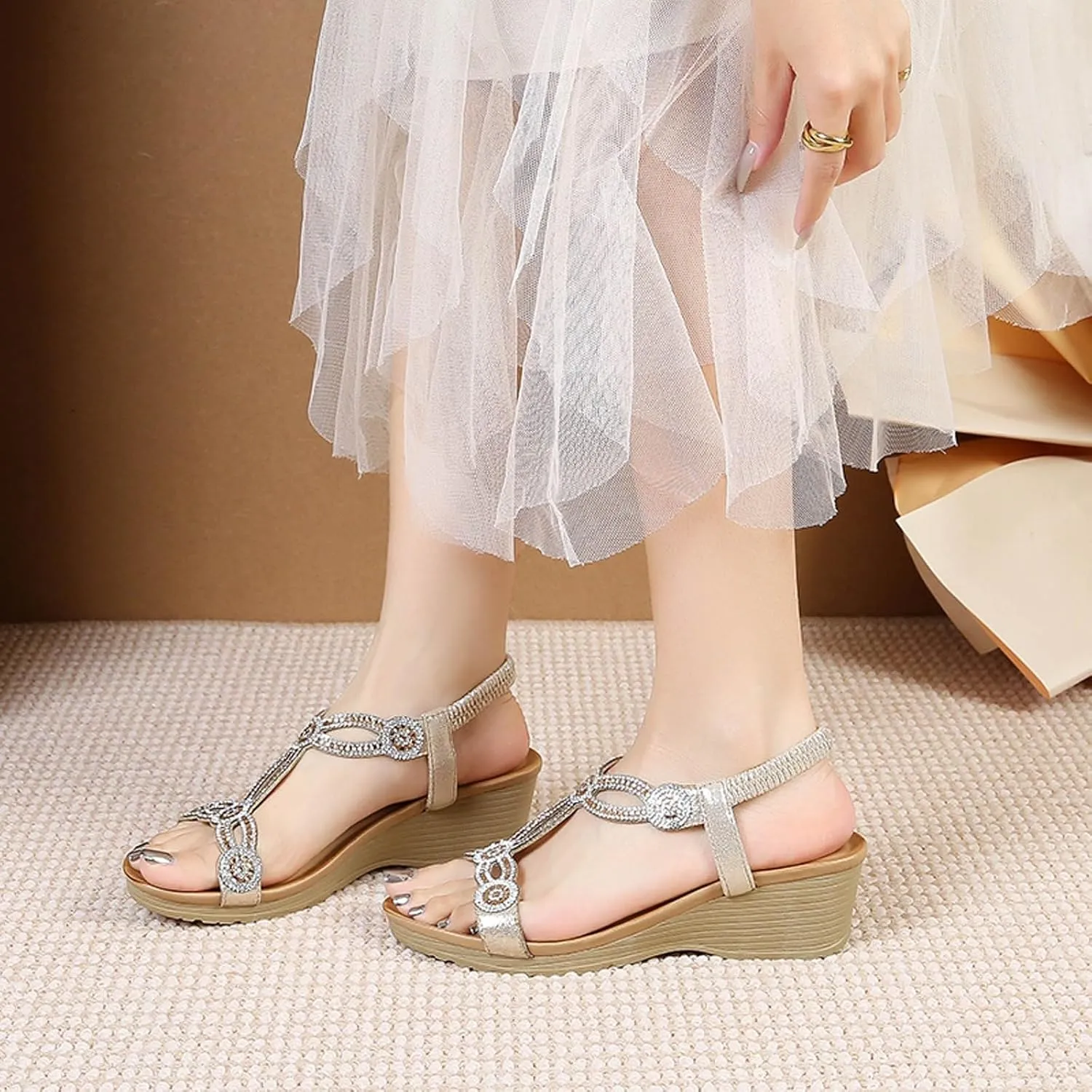 Wedge Sandals for Women Dressy Comfortable Orthopedic Slip On Sandals Fashion Rhinestone Crystal Jeweled Sandal Shoes for Summers Dress Beach
