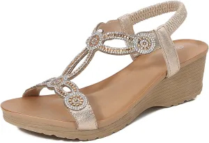 Wedge Sandals for Women Dressy Comfortable Orthopedic Slip On Sandals Fashion Rhinestone Crystal Jeweled Sandal Shoes for Summers Dress Beach