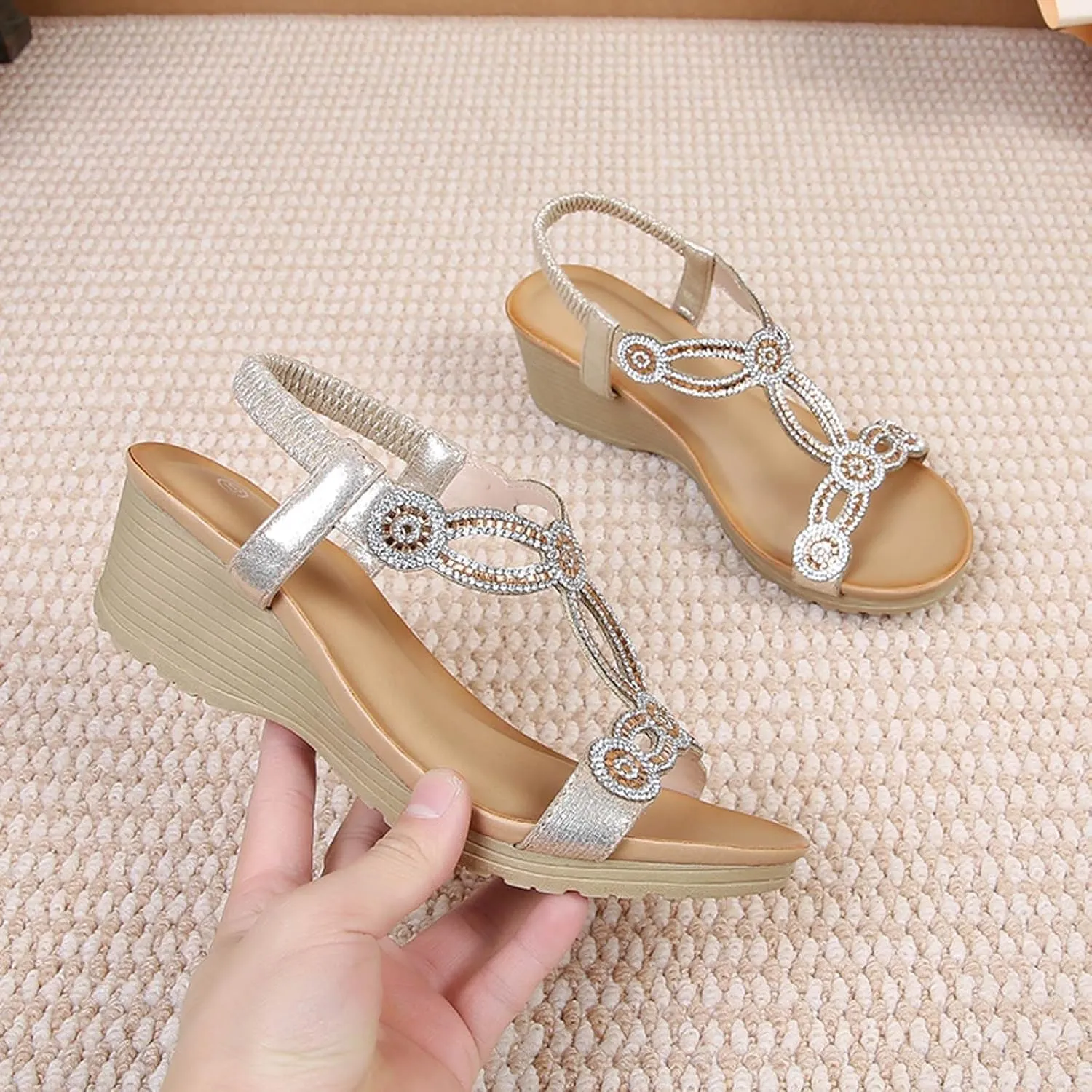 Wedge Sandals for Women Dressy Comfortable Orthopedic Slip On Sandals Fashion Rhinestone Crystal Jeweled Sandal Shoes for Summers Dress Beach