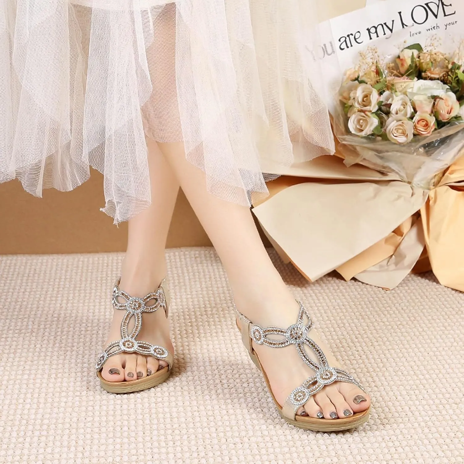 Wedge Sandals for Women Dressy Comfortable Orthopedic Slip On Sandals Fashion Rhinestone Crystal Jeweled Sandal Shoes for Summers Dress Beach