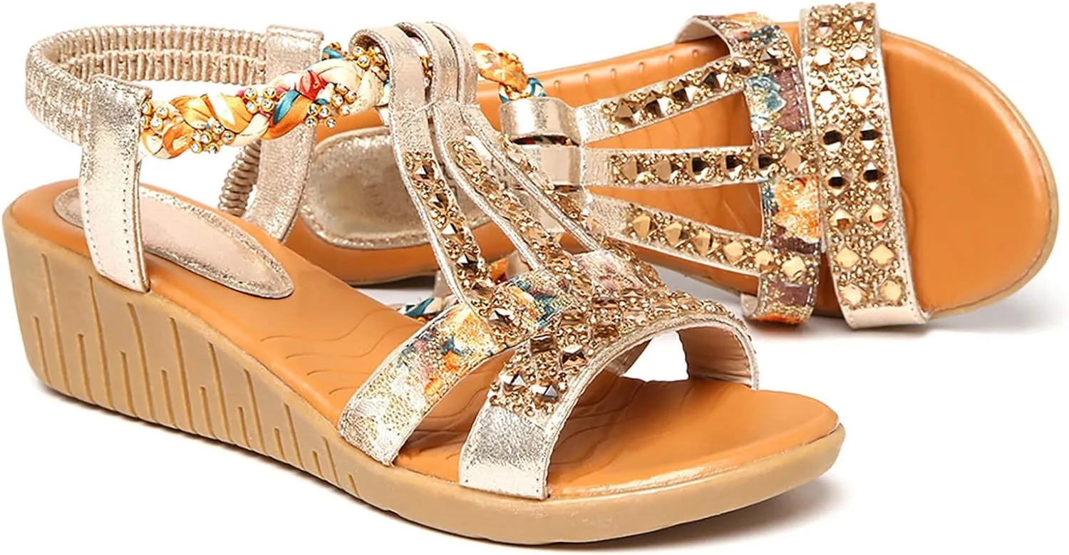 Wedge Sandals for Women,Comfortable Open Toe Sandal T-Strap Rhinestone Beaded Bohemia Beach Shoes Slip On Dressy Flat Sandals with Arch Support