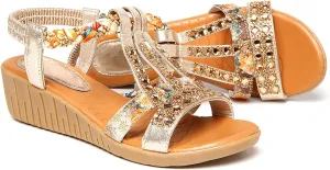 Wedge Sandals for Women,Comfortable Open Toe Sandal T-Strap Rhinestone Beaded Bohemia Beach Shoes Slip On Dressy Flat Sandals with Arch Support