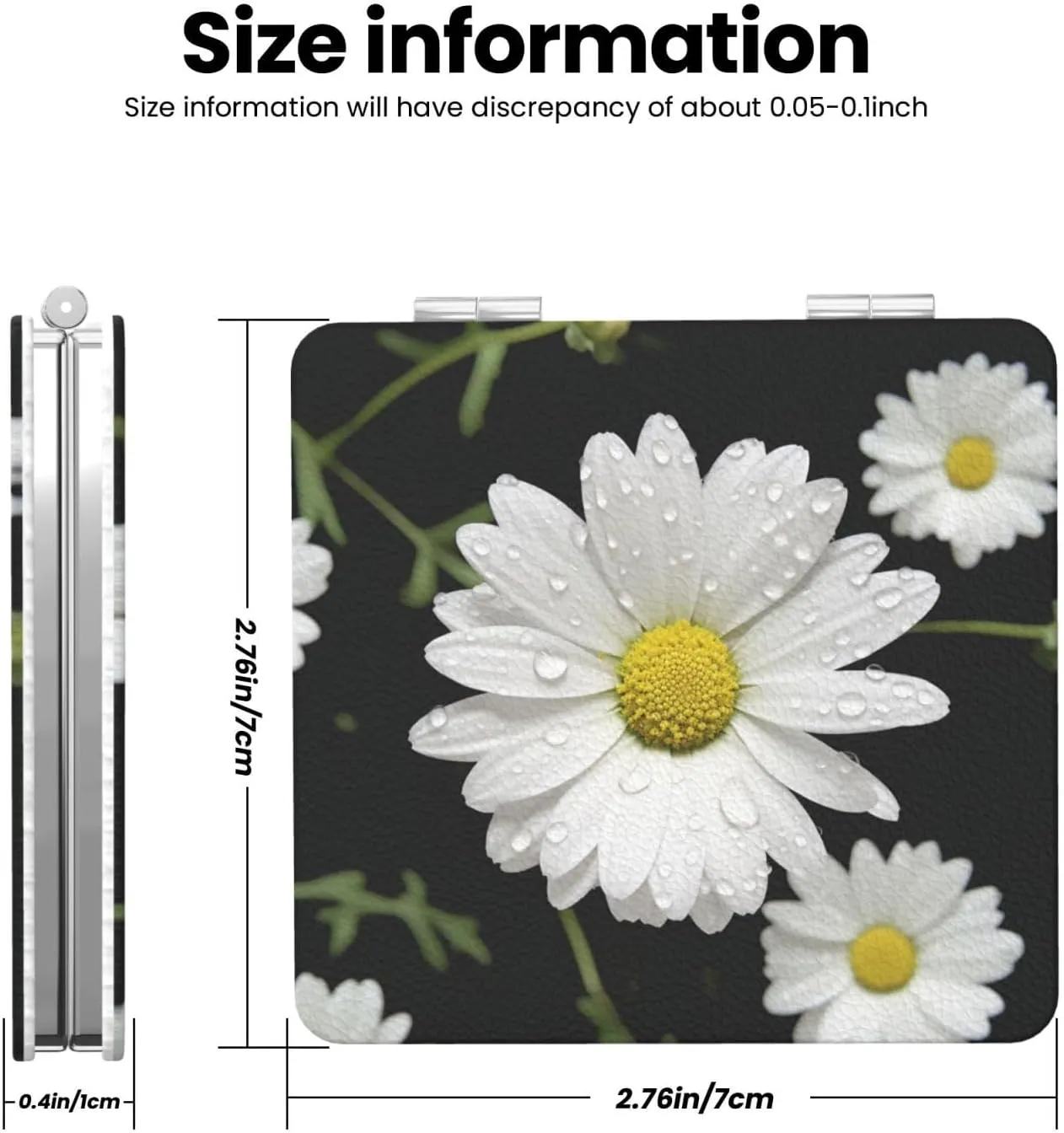 White Daisy Printed Square Pocket Makeup Mirror with 1X/2X Magnification, Portable Mini Travel Makeup Mirror for Travel Daily Work Beauty