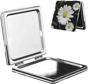 White Daisy Printed Square Pocket Makeup Mirror with 1X/2X Magnification, Portable Mini Travel Makeup Mirror for Travel Daily Work Beauty