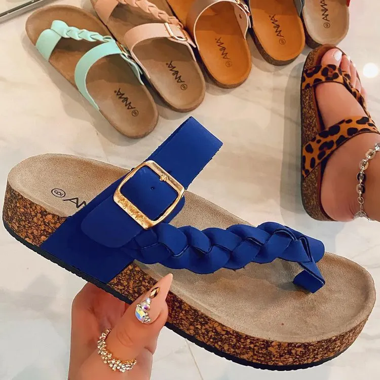 Wholesale summer plus size sandals and slippers solid color flat bottom toe weave JDC-SD-HuoT003