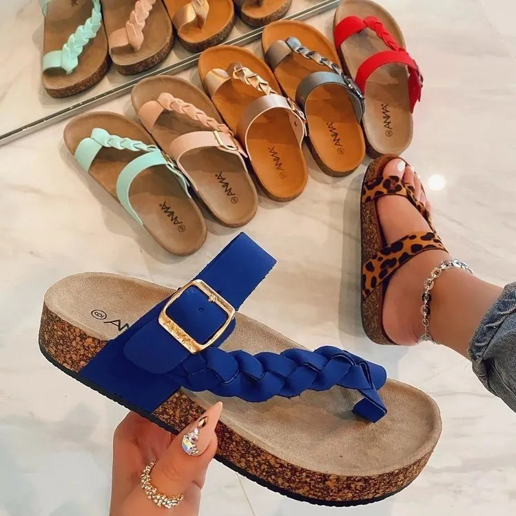 Wholesale summer plus size sandals and slippers solid color flat bottom toe weave JDC-SD-HuoT003
