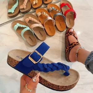 Wholesale summer plus size sandals and slippers solid color flat bottom toe weave JDC-SD-HuoT003