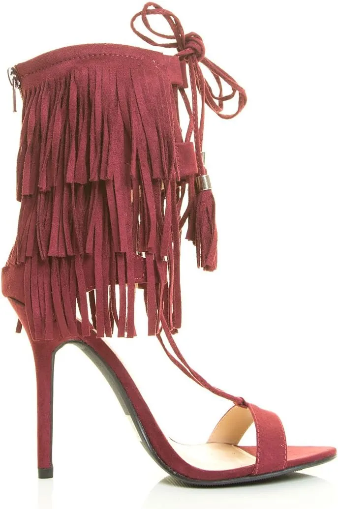 Wild Diva Womens Open Toe Corset Tassel Lace Up Fringe Stiletto Heel Sandal