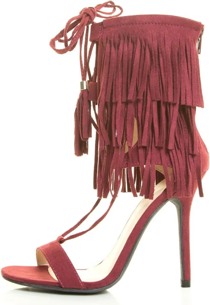 Wild Diva Womens Open Toe Corset Tassel Lace Up Fringe Stiletto Heel Sandal